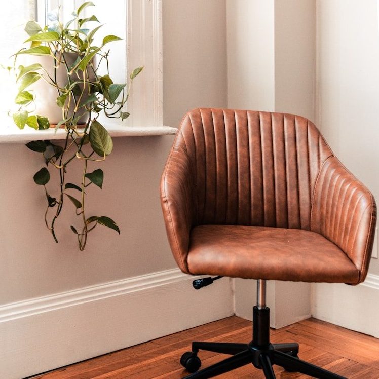 brown and black rolling chair beside green plant